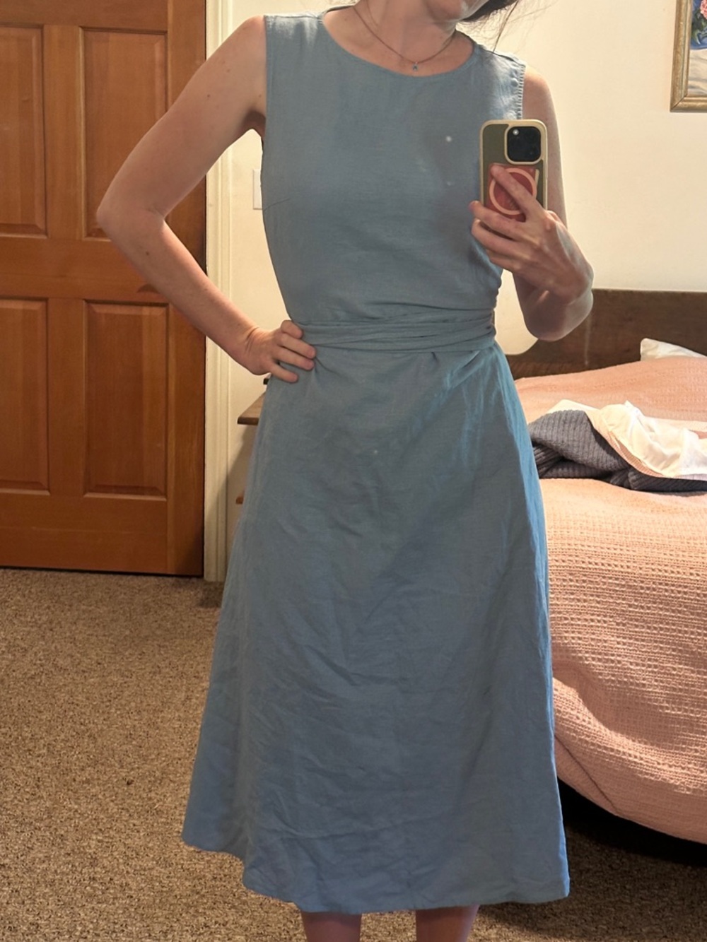 Linen Blue Midi sleeveless Dress with pockets